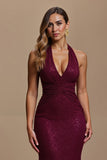Sparkly Burgundy Sequins Mermaid Halter Maxi Holiday Party Dress
