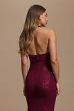 Sparkly Burgundy Sequins Mermaid Halter Maxi Holiday Party Dress