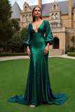 Sparkly Dark Green V Neck Sequins Mermaid Long Holiday Party Dress