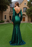 Sparkly Dark Green V Neck Sequins Mermaid Long Holiday Party Dress