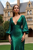 Sparkly Dark Green V Neck Sequins Mermaid Long Holiday Party Dress