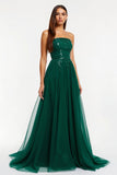 Dark Green Tulle Strapless Sparkly Maxi Holiday Party Dress with Beading