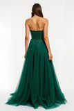 Dark Green Tulle Strapless Sparkly Maxi Holiday Party Dress with Beading
