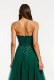 Dark Green Tulle Strapless Sparkly Maxi Holiday Party Dress with Beading