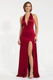 Burgundy Satin Sheath Halter Maxi Holiday Party Dress with Slit