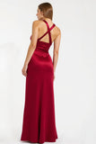 Burgundy Satin Sheath Halter Maxi Holiday Party Dress with Slit