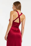 Burgundy Satin Sheath Halter Maxi Holiday Party Dress with Slit