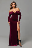 Burgundy Sheath Velvet Off the Shoulder Maxi Holiday Party Dress with Slit