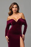 Burgundy Sheath Velvet Off the Shoulder Maxi Holiday Party Dress with Slit
