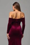 Burgundy Sheath Velvet Off the Shoulder Maxi Holiday Party Dress with Slit