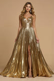 Golden Metallic Spaghetti Straps Pleated Maxi Prom Dress with Slit