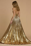Golden Metallic Spaghetti Straps Pleated Maxi Prom Dress with Slit