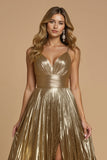 Golden Metallic Spaghetti Straps Pleated Maxi Prom Dress with Slit