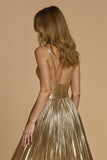 Golden Metallic Spaghetti Straps Pleated Maxi Prom Dress with Slit