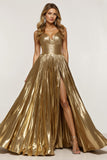 Golden Thick Straps Metallic Maxi A Line Prom Dress with Slit