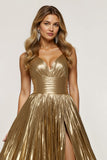 Golden Thick Straps Metallic Maxi A Line Prom Dress with Slit