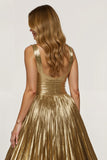 Golden Thick Straps Metallic Maxi A Line Prom Dress with Slit