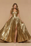 Metallic Golden A Line V-Neck Maxi Pleated Prom Dress with Slit