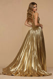 Metallic Golden A Line V-Neck Maxi Pleated Prom Dress with Slit