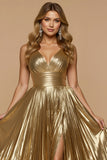 Metallic Golden A Line V-Neck Maxi Pleated Prom Dress with Slit