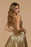 Metallic Golden A Line V-Neck Maxi Pleated Prom Dress with Slit