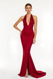 Red Satin Mermaid Maxi Open Back Holiday Party Dress with Slit