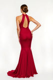 Red Satin Mermaid Maxi Open Back Holiday Party Dress with Slit