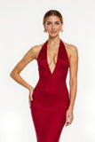 Red Satin Mermaid Maxi Open Back Holiday Party Dress with Slit