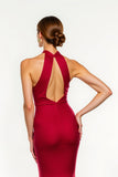Red Satin Mermaid Maxi Open Back Holiday Party Dress with Slit