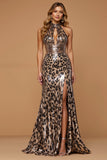 Sparkly Golden Leopard Keyhole Mermaid Maxi Holiday Party Dress with Slit