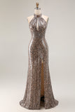 Golden Leopard Sparkly Sequined Mermaid Maxi Holiday Party Dress with Slit