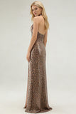 Golden Leopard Sparkly Sequined Mermaid Maxi Holiday Party Dress with Slit