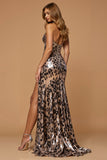 Sparkly Golden Leopard Keyhole Mermaid Maxi Holiday Party Dress with Slit
