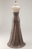 Golden Leopard Sparkly Sequined Mermaid Maxi Holiday Party Dress with Slit