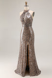 Golden Leopard Sparkly Sequined Mermaid Maxi Holiday Party Dress with Slit