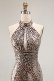 Golden Leopard Sparkly Sequined Mermaid Maxi Holiday Party Dress with Slit