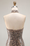 Golden Leopard Sparkly Sequined Mermaid Maxi Holiday Party Dress with Slit