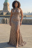 Golden Leopard Sparkly Sequined Mermaid Maxi Holiday Party Dress with Slit