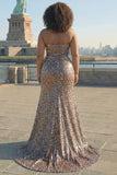 Golden Leopard Sparkly Sequined Mermaid Maxi Holiday Party Dress with Slit