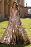 Golden Metallic Ruched V-Neck A Line Maxi Prom Dress with Slit