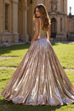 Golden Metallic Ruched V-Neck A Line Maxi Prom Dress with Slit