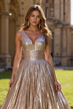 Golden Metallic Ruched V-Neck A Line Maxi Prom Dress with Slit
