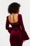 Burgundy Sheath Flare Sleeves Maxi Holiday Party Dress with Lace