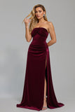 Burgundy Strapless Velvet Ruched Maxi Holiday Party Dress with Slit