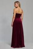 Burgundy Strapless Velvet Ruched Maxi Holiday Party Dress with Slit