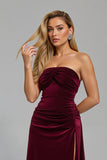 Burgundy Strapless Velvet Ruched Maxi Holiday Party Dress with Slit