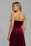 Burgundy Strapless Velvet Ruched Maxi Holiday Party Dress with Slit