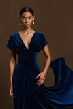 Royal Blue A Line V-Neck Maxi Holiday Party Dress with Sleeves