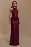 Glitter Burgundy Sheath Ruched Halter Maxi Holiday Party Dress