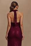 Glitter Burgundy Sheath Ruched Halter Maxi Holiday Party Dress